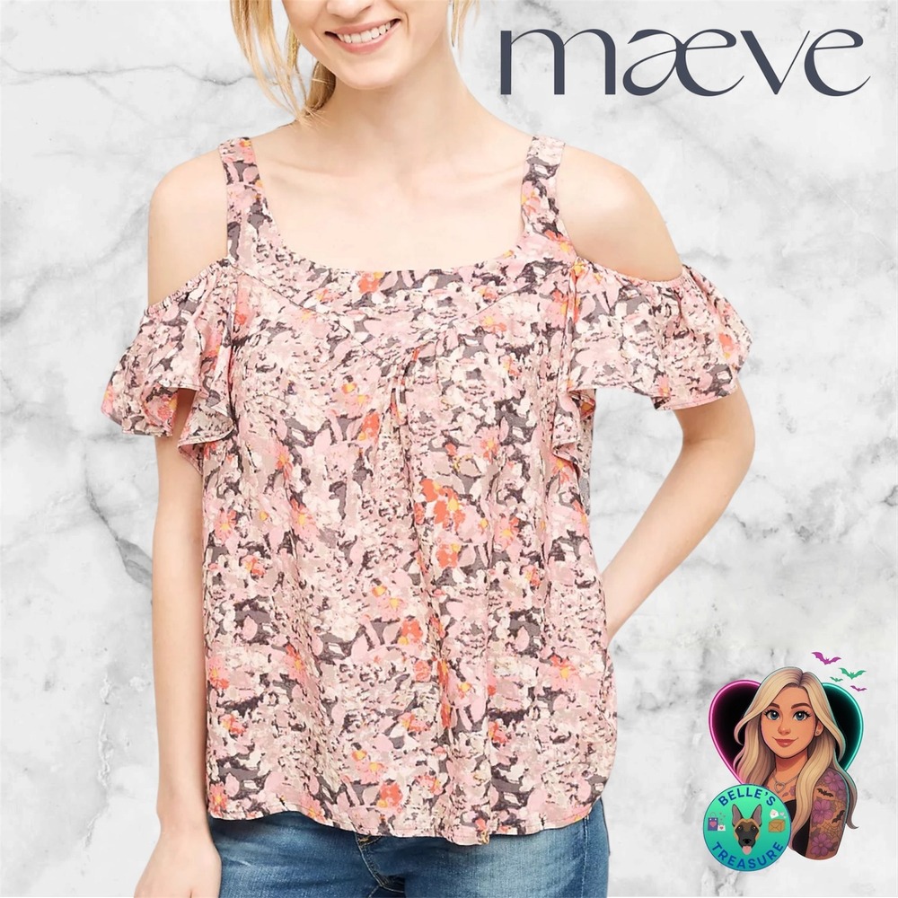 Maeve Anthropologie Women's Medium Hana Open-Shoulder Top Pink Ruffle Blouse